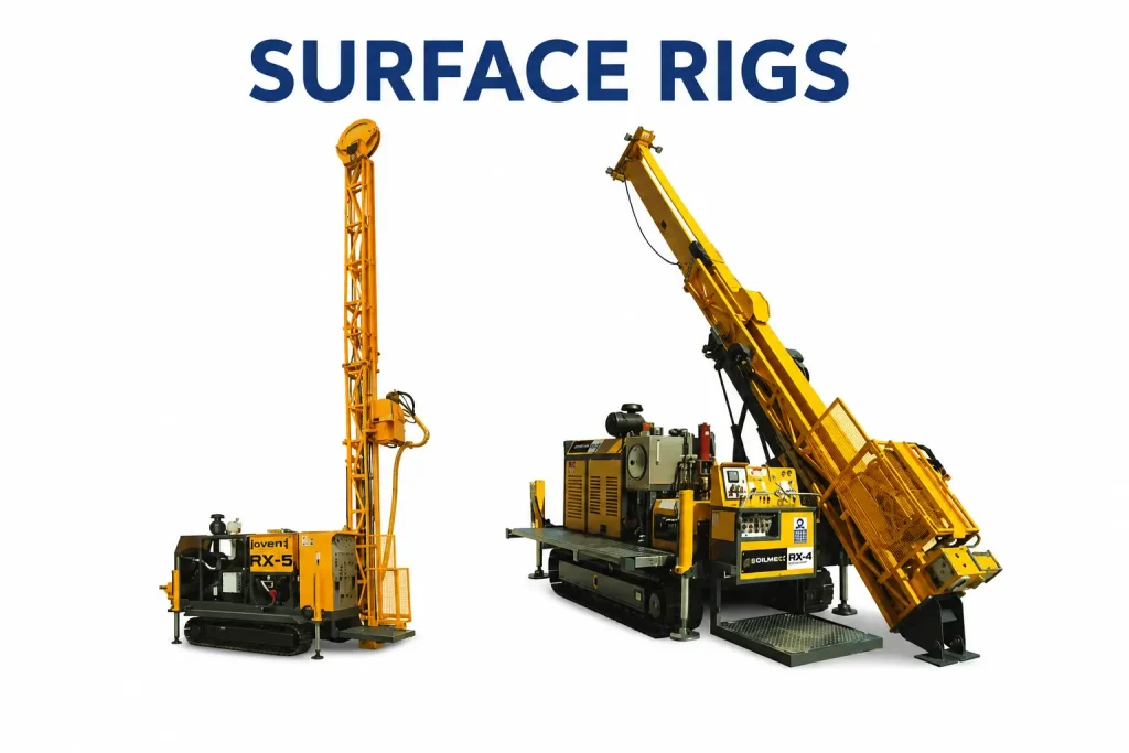 Two yellow surface drilling rigs on a white background with a bold 'SURFACE RIGS' title overhead.