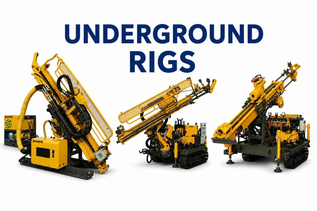 Three yellow underground drilling rigs displayed on a white background with the words 'UNDERGROUND RIGS' above them