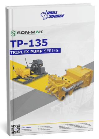 Catalog cover featuring TP-135 Triplex Pump Series by Son-Mak, with yellow pump components on a gray and white background, and Drill Source branding