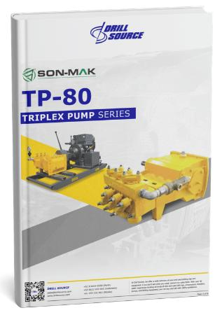 Catalog cover for TP-80 Triplex Pump Series, showing a yellow pump assembly with an engine on a gray base, brand logos at top against a white background.