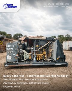 Skid-mounted Sullair high-pressure compressor on a dirt lot with a Drill Source logo; Caterpillar C18 diesel engine, Africa site.